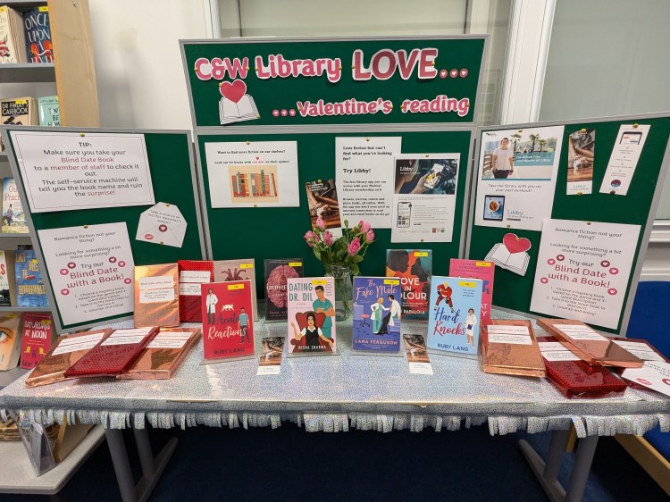A display of books using the theme of Valentine's Day - some are visible, while others have been wrapped to hide their identity as part of a "Blind Date with a book" promotion